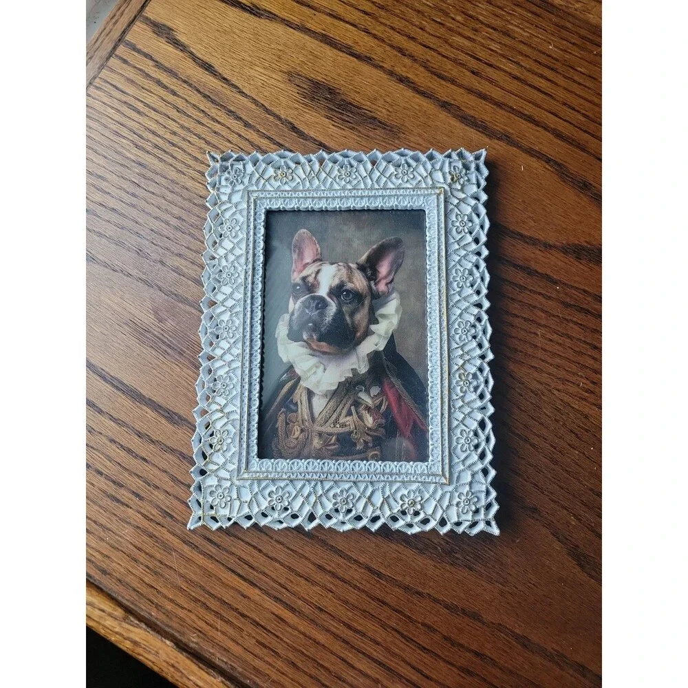 Vtg Metal Picture Frame Gold Filigree Whitewash 4x6 photo Royal Bulldog Print
